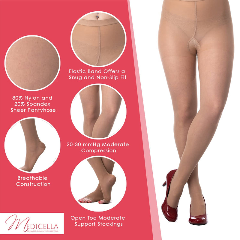 [Australia] - Medicella Open Toe Compression Pantyhose for Women 20-30 mmHg Made in USA Medical Quality Waist Sheer Stocking Circulation Travel & Daily Wear(3X-Large, Nude) 3X-Large 
