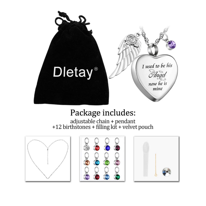[Australia] - Dletay Heart Cremation Necklace for Ashes Angel Wing Urn Necklace with 12 PCS Birthstones-I Used to be His Angel, Now He/She is Mine I used to be his Angel 