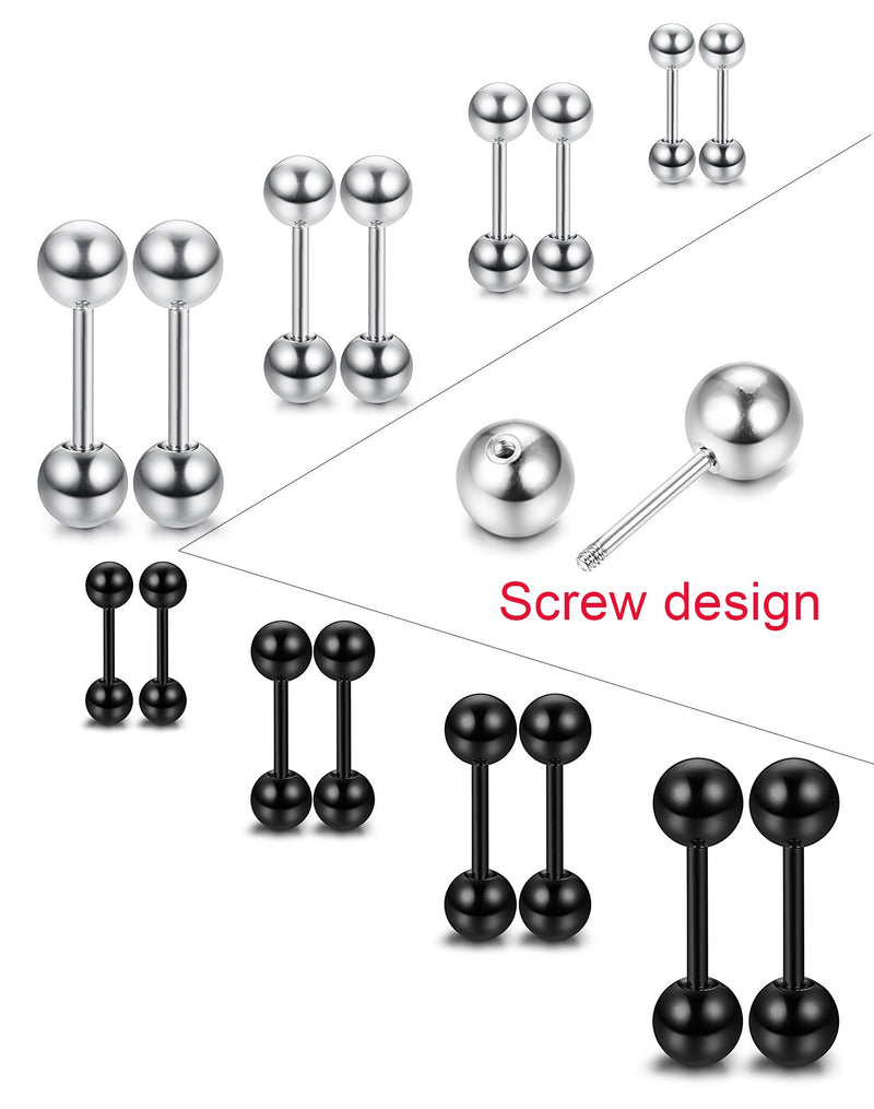 [Australia] - LOYALLOOK 8 Pairs Stainless Steel Ball Stud Earrings Barbell Cartilage Helix Ear Piercing 3-6mm 2 Colors 18G (4 pairs white+4 pairs black) 