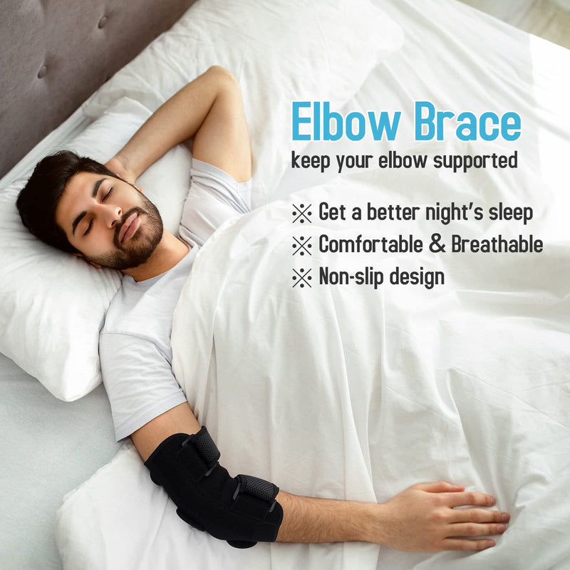 [Australia] - GINTRON Elbow Brace 2022,Comfortable Night Elbow Support for Sleep Elbow Splint, Adjustable Elbow Stabilizer with 2 Removable Metal Splints for Cubital Tunnel Syndrome,Tendonitis,Ulnar Nerve,Tennis Black 