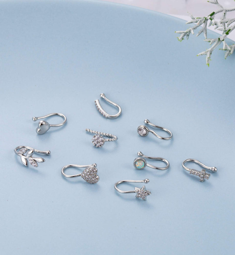 [Australia] - Masedy 9Pcs Fake Nose Rings Hoop Clip On Faux Setump Cartilage Tragus Ring Non Piercing Jewelry A: Silver 