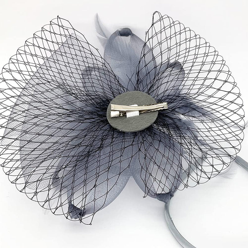 [Australia] - Women Fascinator Hat Feather Bead Satin Kentucky Derby Tea Party Sinamay Fascinators Top Hat for Kentucky Derby Wedding Fiv-grey 