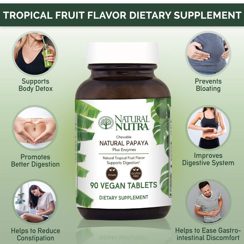 [Australia] - Natural Nutra Papaya Chewable Plant Enzymes Blend for Digestion, Prevent Boating, Supports Body Detox, Helps to Reduce Constipation, Ease Gastointestinal Discomport, 90 Chewable Vegan Tablets 90 Count (Pack of 1) 