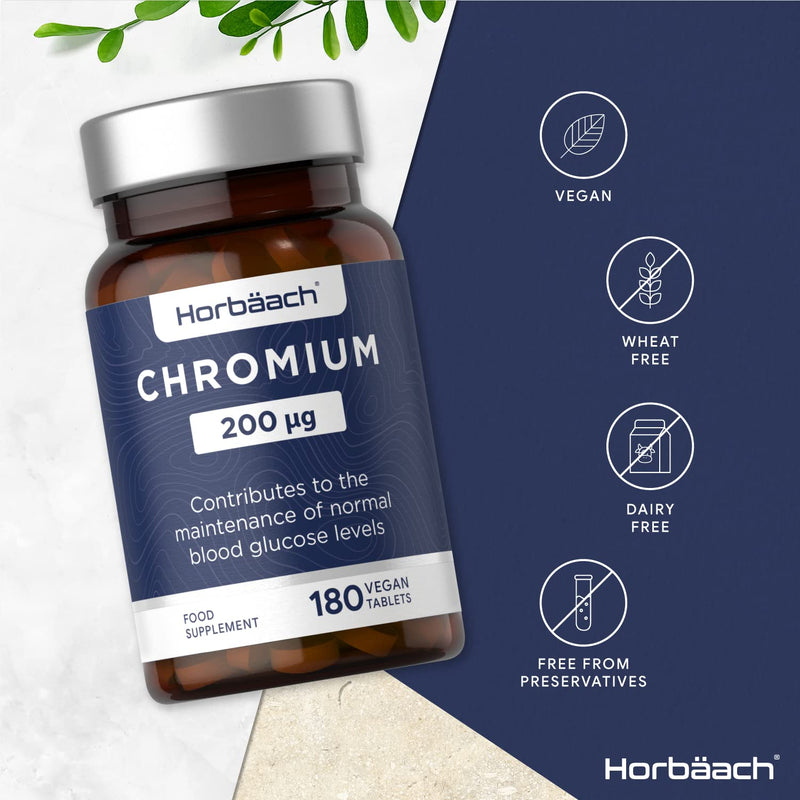 [Australia] - Chromium Picolinate 200ug | 180 Vegan Tablets | Maintenance of Normal Blood Sugar Levels & Macronutrient Metabolism | Non -GMO, Gluten Free Supplement 