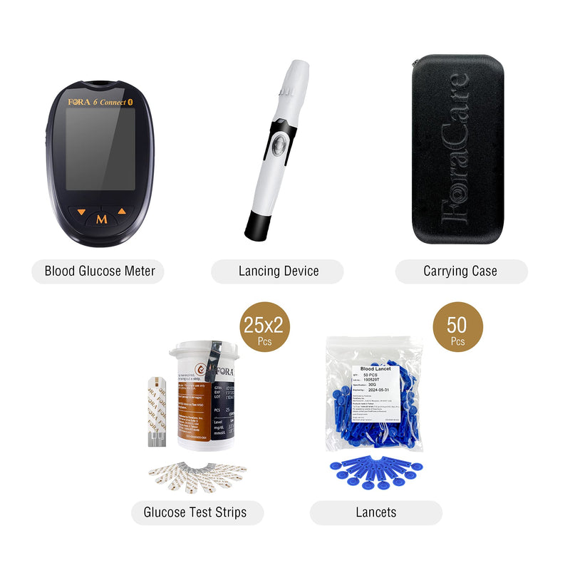 [Australia] - FORA 6 Connect Blood Glucose Set with 1 Meter, 50 Test Strips, 50 Lancets, Painless Design Lancing Device, Carry Case, Accurate Blood Sugar Measurement for Diabetes 