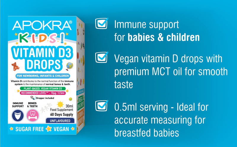 [Australia] - Vitamin D Drops Baby & Kids - Vegan - 60 Days Supply � 30mL � Preservative Free and Sugar Free Kids Vitamins - VIT D 400IU in MCT Oil - 10 micrograms per 0.5mL | APOKRA Kids 
