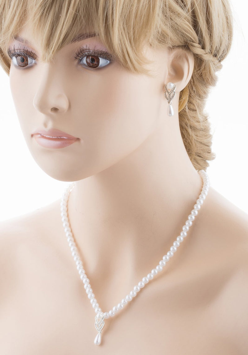 [Australia] - Accessoriesforever Bridal Wedding Prom Jewelry Set Crystal Vintage Single Strand Pearls Necklace Silver 