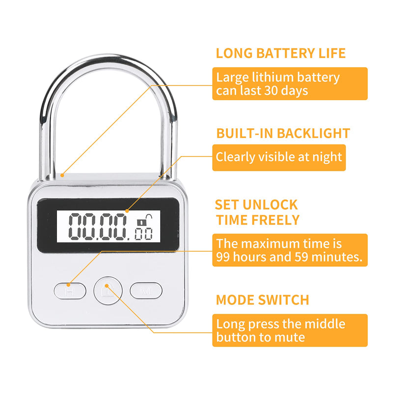 [Australia] - Brynnl Smart Time Lock 99 Hours Max Timing Lock with LCD Display USB Rechargeable Security Padlock Heavy Duty Metal Electronic Timer Lock (Silver) Silver 