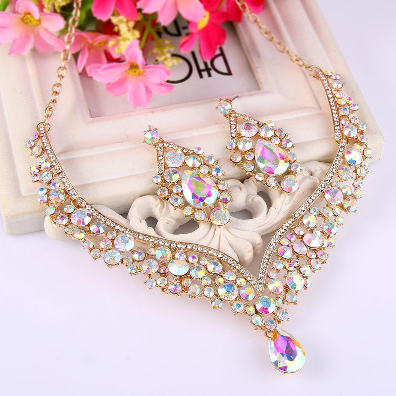 [Australia] - EVER FAITH Austrian Crystal Elegant V-Shaped Teardrop Necklace Earrings Set Iridescent Clear AB Gold-Tone 