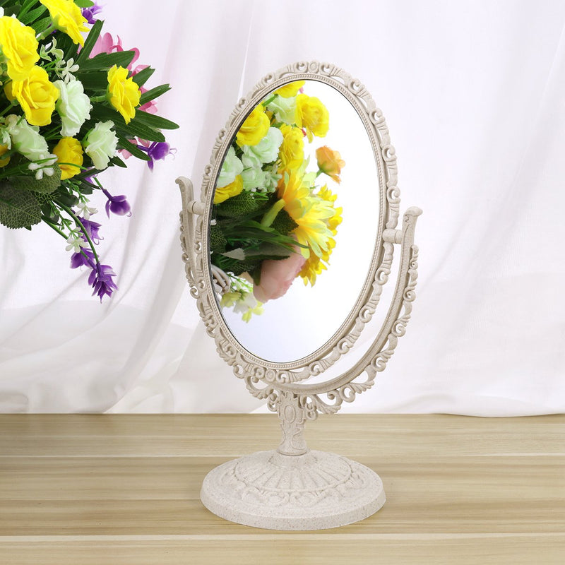 [Australia] - Beaupretty Oval Comestic Mirror Vintage Tabletop Vanity 360 Degree Rotation Magnifying Double Sided Mirror (Beige) Beige 