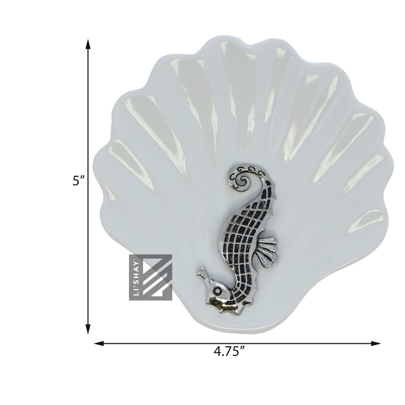 [Australia] - Li'Shay Ceramic Shell Jewelry Trinket Dish Organizer with Ocean Themed Metal Accent- Set of 2 (Sea Horse) Sea Horse 