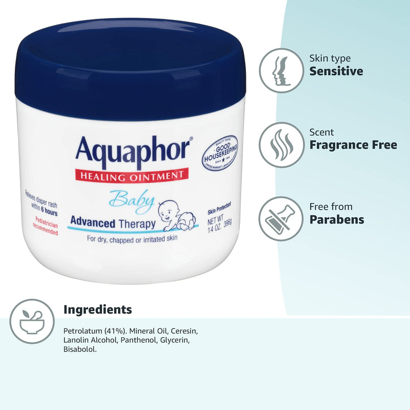 [Australia] - Aquaphor Baby Healing Ointment Advanced Therapy Skin Protectant, Dry Skin and Diaper Rash Ointment, 14 Oz Jar 