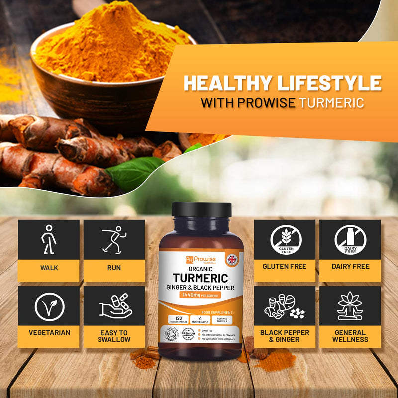 [Australia] - Organic Turmeric Capsules High Strength 1440mg | 120 Capsules with Black Pepper, Ginger & Active Ingredient Curcumin (2 Month Supply) | Turmeric Capsules High Strength Made In UK by Prowise Healthcare 