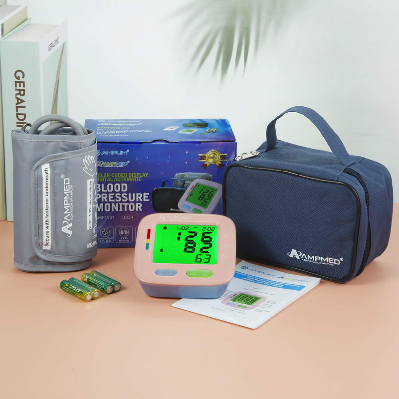 [Australia] - Amplim New 2021 Digital Blood Pressure Monitor, Automatic Upper Arm Universal Cuff and Premium Travel Storage Case, Color Backlit Display, 180 Memory, Includes Batteries, Pink Blue 