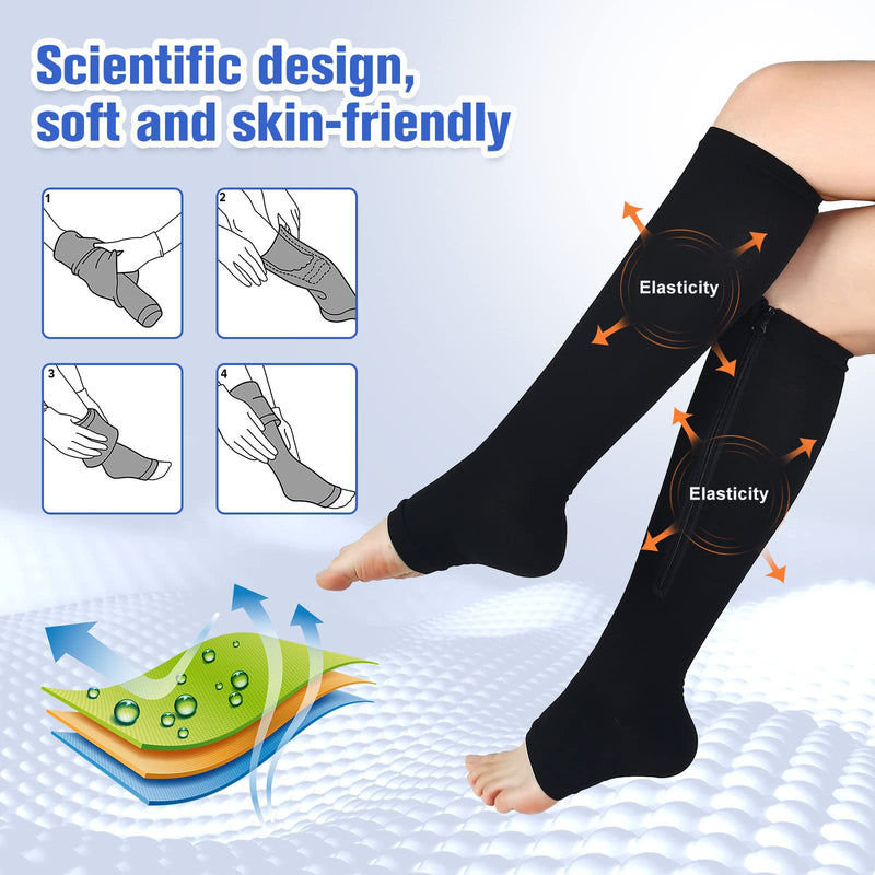 [Australia] - Bropite Zipper Compression Socks Women & Men - 2 Pairs 15-20 mmHg Open Toe Compression Socks for Walking,Running C - Black /Nude Small-Medium 