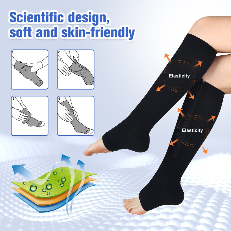 [Australia] - Zipper Compression Socks-2Pairs Calf Knee High Open Toe Compression Stocking (C- BLACK/NUDE, Large-X-Large) C- Black/Nude 