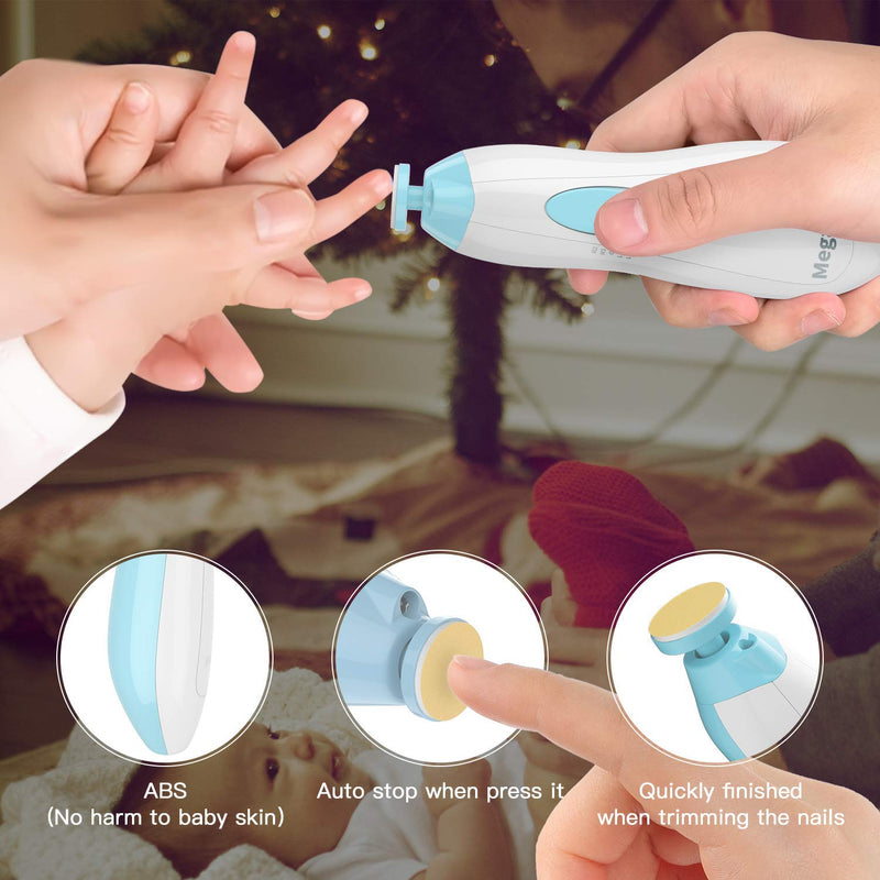 [Australia] - Baby Nail File Megainvo Electric Nail Trimmer Manicure Set Nails Clipper LED Light Whisper Quiet Design Safe for Newborn Toddler Kids Toes and Fingernails Care Kit 10 Grinding Heads Blue Light blue 