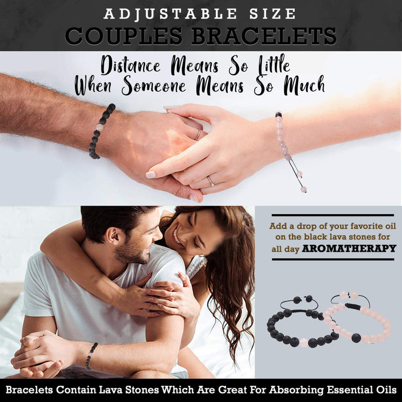 [Australia] - Matching Couples Distance Bracelets | Relationship Bracelets: Long Distance Relationship Gifts | Adjustable Stone Bond Bracelets, His And Hers Touch Bracelet Set With Gift Pouch Black Lava and Rose Quartz 