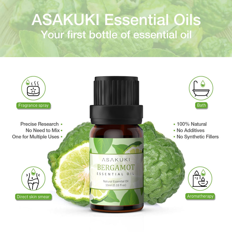 [Australia] - ASAKUKI Bergamot Essential Oil 10ml for Diffusers, Home, Candle&Soap Making, Therapeutic-Grade Aromatherapy Essential Oil, 100% Natural Aromatherapy Oil for Lift Moods, Skin Care, Relieve Pain 