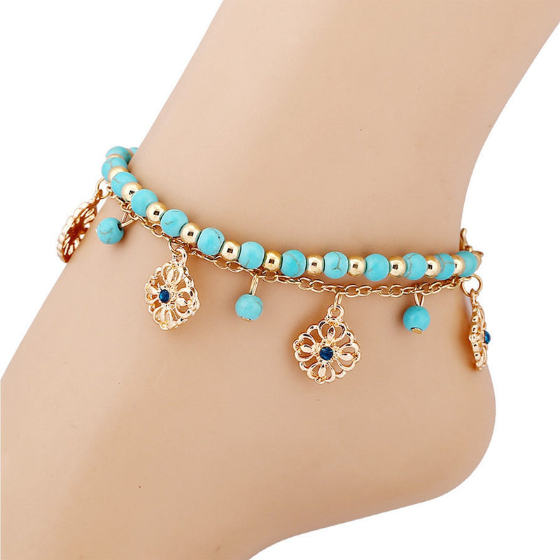 [Australia] - BaubleStar Summerfit Ankle Bracelet Anklet Simulated Blue Turquoise Beads Jewelry for Women Girls Gold Tone 