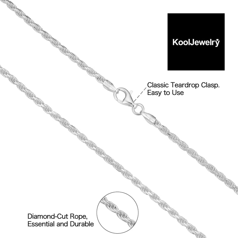 [Australia] - Kooljewelry Sterling Silver Diamond-cut Rope Chain Bracelet Anklet 1.1 mm 1.3 mm 1.7 mm 2.3 mm 18.0 Inches 2.3mm-chain 