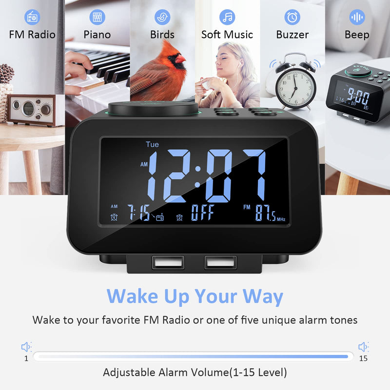 [Australia] - USCCE Digital Alarm Clock Radio - 0-100% Dimmer, Dual Alarm with Weekday/Weekend Mode, 6 Sounds Adjustable Volume, FM Radio w/ Sleep Timer, Snooze, 2 USB Charging Ports, Thermometer, Battery Backup Black 