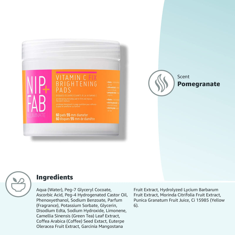 [Australia] - Nip + Fab Vitamin C Fix Brightening Pads for Face, Facial Pad with Anti-Aging Pomegranate and Coffee Seed Extract to Brighten Even Tone Skin, 60 Pads, 80 ml 