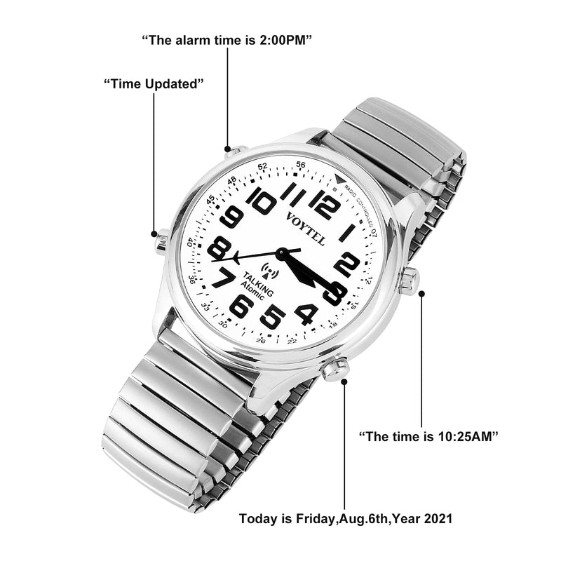 [Australia] - MAUJOY Quality Clear and Loud American Human Voice Atomic English Talking Watch Speaks The Time, Date or Alarm time for Elderly, Impaired Sight or Blind. White Face-Black Numbers 113 