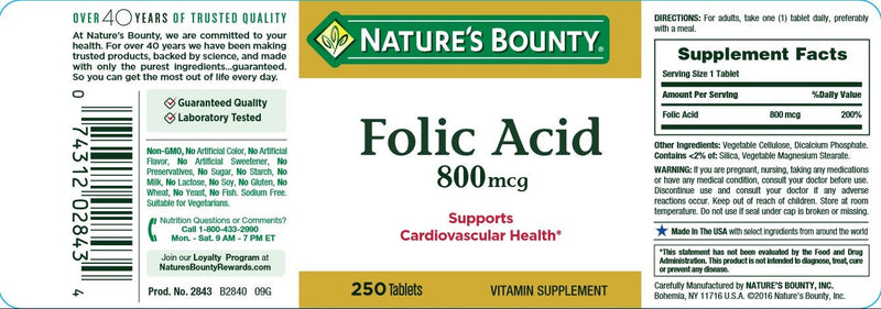 [Australia] - Nature's Bounty Folic Acid Supplement, Supports Cardiovascular Health, 800mcg, 250 Tablets, 3 Pack 250 Count Unflavored 250 Count (Pack of 3) 