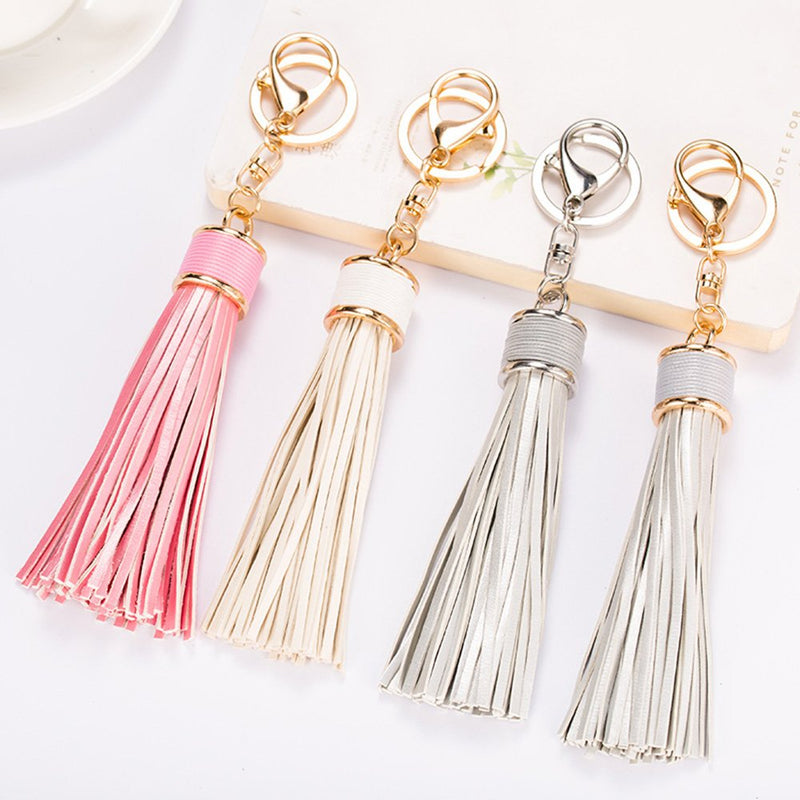 [Australia] - ZOONAI Women Leather Tassels Keychain Car Circle Key Rings Gift Bag Hanging Buckle Black 