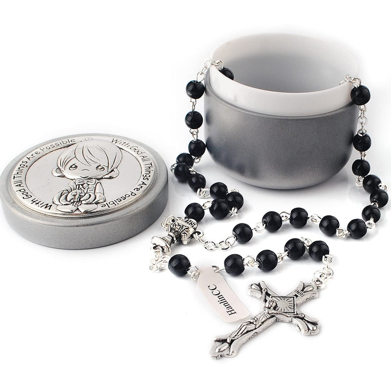 [Australia] - HanlinCC Girls and Boys First Communion Rosary Necklace with Silver Zinc Alloy Rosary Box Black Pearl First Communion Rosary with Box for Boy 