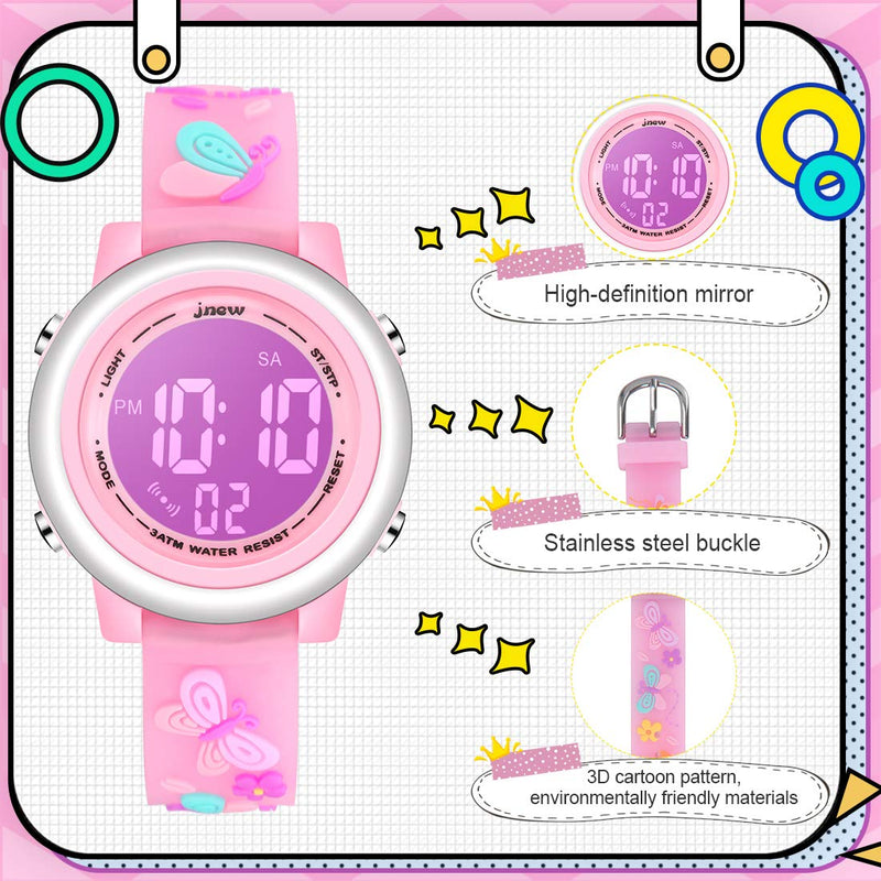 [Australia] - Jianxiang Kids Digital Sport Watches for Girls Boys, Waterproof Outdoor LED Timer with 7 Colors Backlight 3D Cartoon Silicone Band Child Wristwatch A-Butterfly Pink 