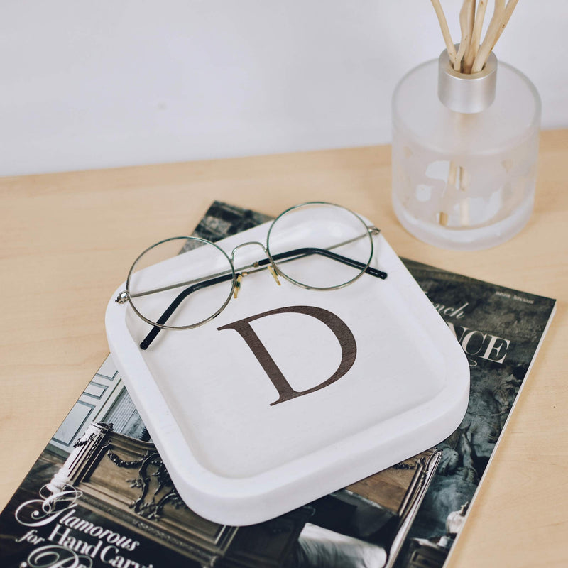 [Australia] - Solid Wood Personalized Initial Letter Jewelry Display Tray Decorative Trinket Dish Gifts For Rings Earrings Necklaces Bracelet Watch Holder (6"x6" Sq White "D") 6"x6" Sq White "D" 