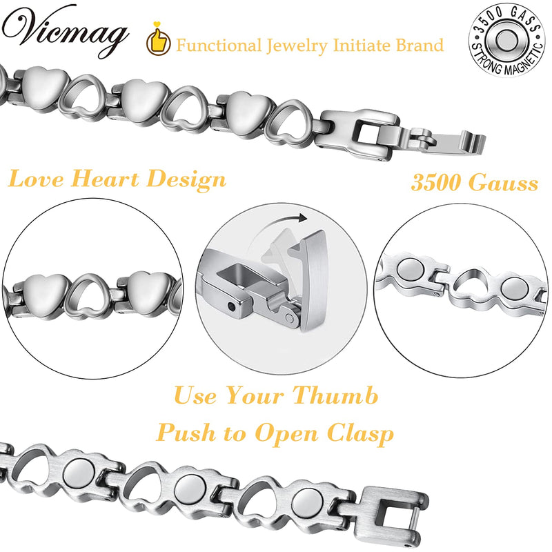[Australia] - Vicmag Magnetic Bracelets for Women, Titanium Steel Magnet Brazaletes, 3500 Gauss Magnets Gift with Removal Tool (Love Heart Design for Ladies) Silver 