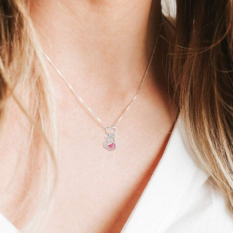 [Australia] - Sterling Silver Cat Pendant Necklace with Swarovski Birthstone Crystal，Cute Jewelry Gifts for Cat Lovers 10-Lt. Rose 