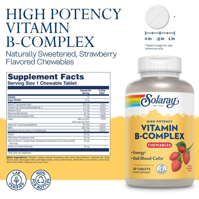 [Australia] - Solaray Vitamin B-Complex Chewables, Strawberry, Healthy Energy, Red Blood Cell, Stress & Metabolism Support, 50 Tablets 