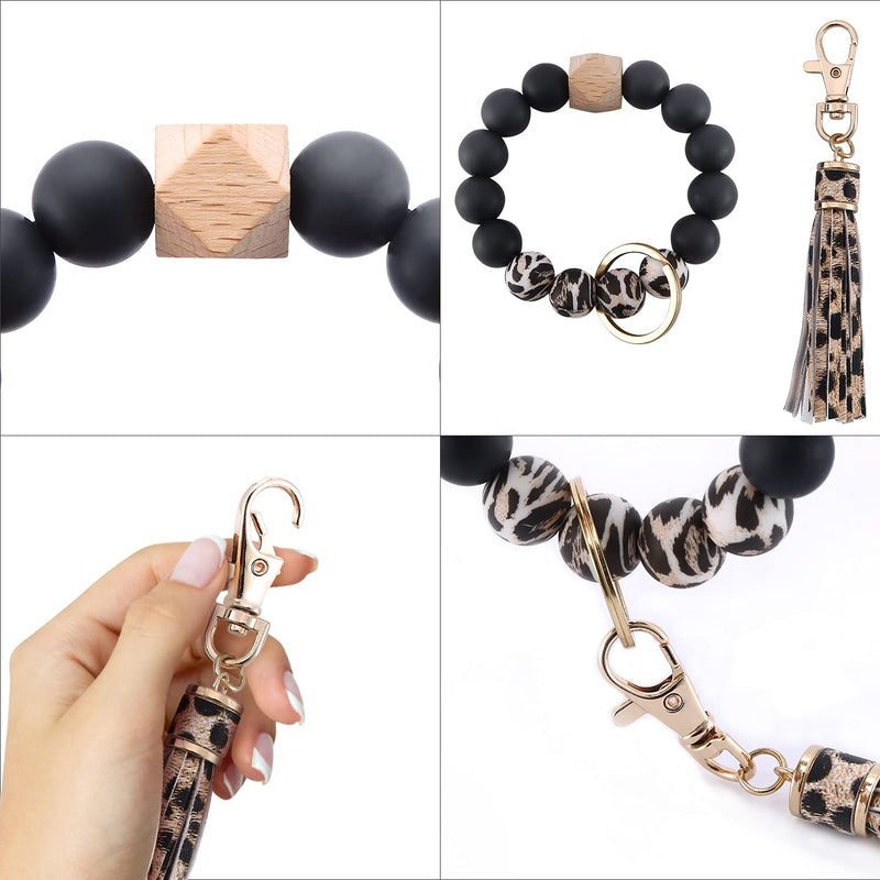 [Australia] - Keychain for Women Wristlet Key rings Bracelet Silicone Beaded Bracelet Portable Car Tassel Key chain Black 