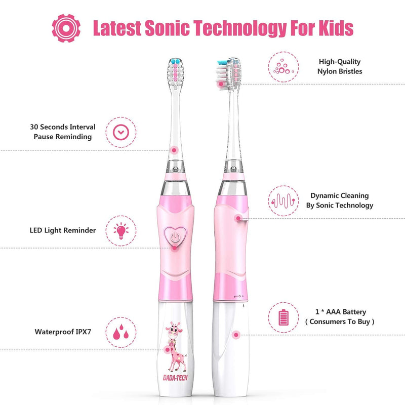 [Australia] - Dada-Tech Kids Electric Toothbrush, Sonic Childrens Battery Powered Soft Tooth Brush with Timer for Junior Boys and Girls Ages 3+, Rainbow Flashing LED Light, Waterproof, 3 Brush Heads (Pink) Pink 