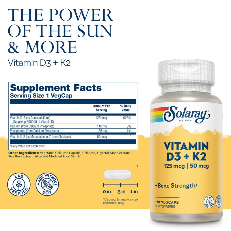[Australia] - Solaray Vitamin D-3 + K-2, Calcium Absorption, Bone Strength, Cardiovascular & Immune Function Support (120 Count (Pack of 1)) 120 Count (Pack of 1) 