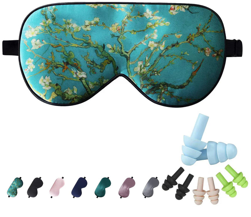 [Australia] - LaCourse 100% Natural Mulberry Silk Eye Mask for Sleeping with 4Pair EarPlugs & Travel Pouch, Both Sides 19 Momme Organic Silk, Adjustable Silk Sleep Eye Mask for Women, Green-Floral Green Floral With 4pair Earplugs 