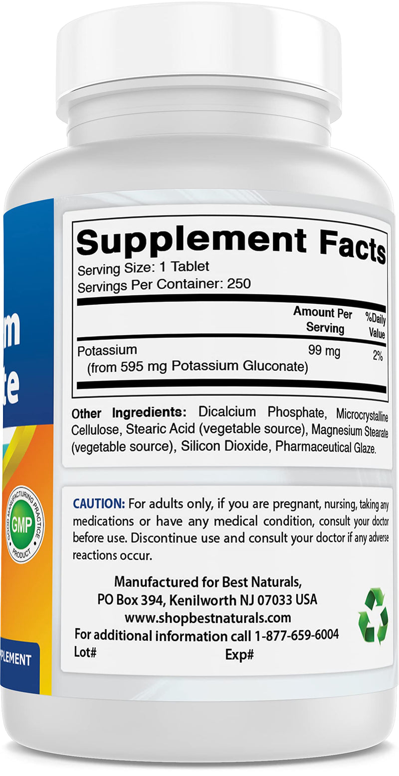 [Australia] - Best Naturals Potassium Gluconate 595 mg 250 Tablets (250 Count (Pack of 1)) 250 Count (Pack of 1) 