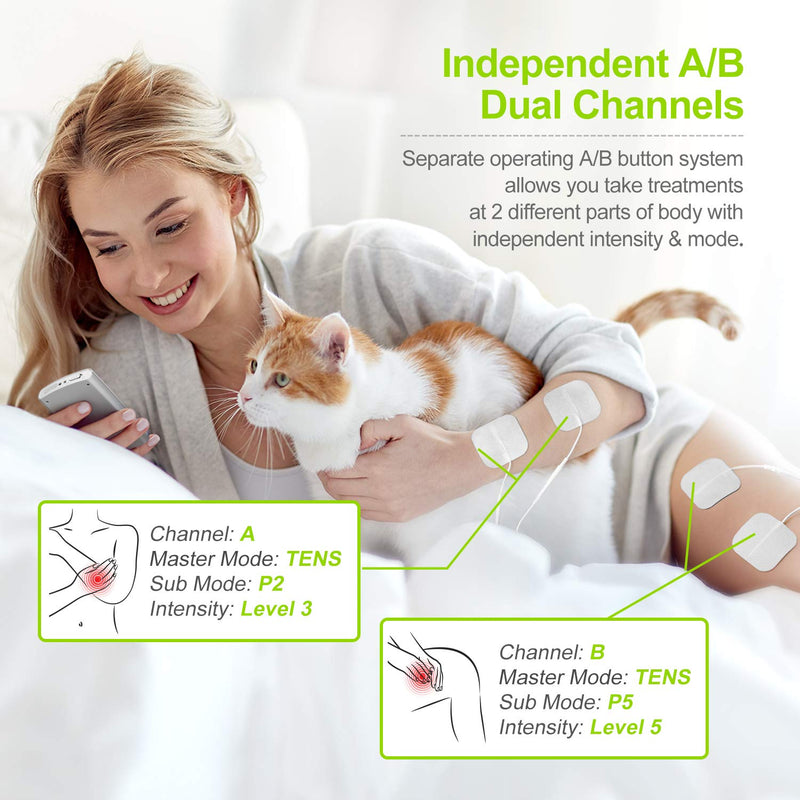 [Australia] - AUVON Dual Channel TENS EMS Unit 24 Modes Muscle Stimulator for Pain Relief, Rechargeable TENS Machine Massager with 12 Pads, ABS Pads Holder, USB Cable and Dust-Proof Storage Bag 