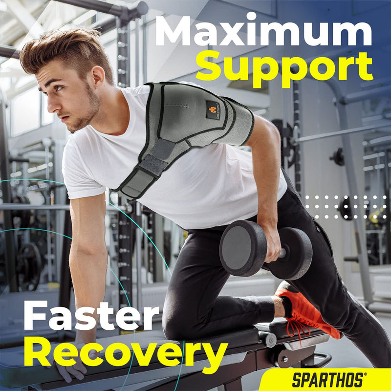 [Australia] - Sparthos Shoulder Brace - Support and Compression Sleeve for Torn Rotator Cuff, AC Joint Pain Relief - Arm Immobilizer Wrap, Ice Pack Pocket, Stability Strap, Dislocated Sholder - for Men and Women Universal Gray/Black 