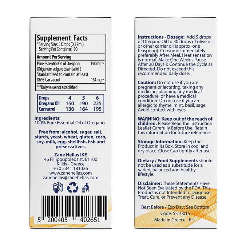 [Australia] - Zane Hellas 190 mg Oregano Oil-164 mg Carvacrol per Serving-4 Drops Daily. 100% Greek Undiluted Oil of Oregano. 86%-90% Min Carvacrol. Probably The Best Oregano Oil in The World. 0.5 fl. oz.- 15ml. 