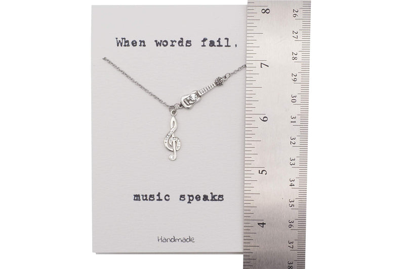 [Australia] - Quinnlyn & Co. Treble Note and Guitar Pendant Musical Note Necklace, Gifts for Music Teacher with Inspirational Music Quote on Greeting Card, Adjustable 16" to 18" in Silver Tone 