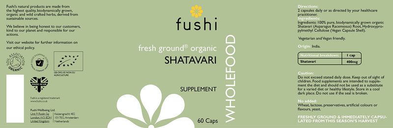 [Australia] - Fushi Shatavari Organic Herbal Supplement 60 Caps | Fresh-Ground Wholefood | Female Balance | Women’s Health Supplement | Ethical & Vegan 