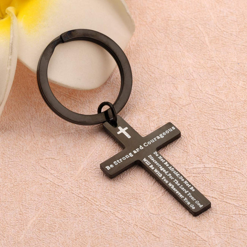 [Australia] - QIIER Christian Keychain Be Strong and Courageous Joshua 1:9 Bible Verse Dog Tag Pendant Keychain Religious Jewelry Inspirational Gifts cross-black 