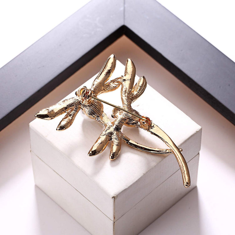 [Australia] - AILUOR Elegant Dragonfly Brooch Pins, Gold Tone Austrian Crystal Colorful Enamel Double Dragonfly Simulated Pearl Rhinestone Brooch Jewelry 