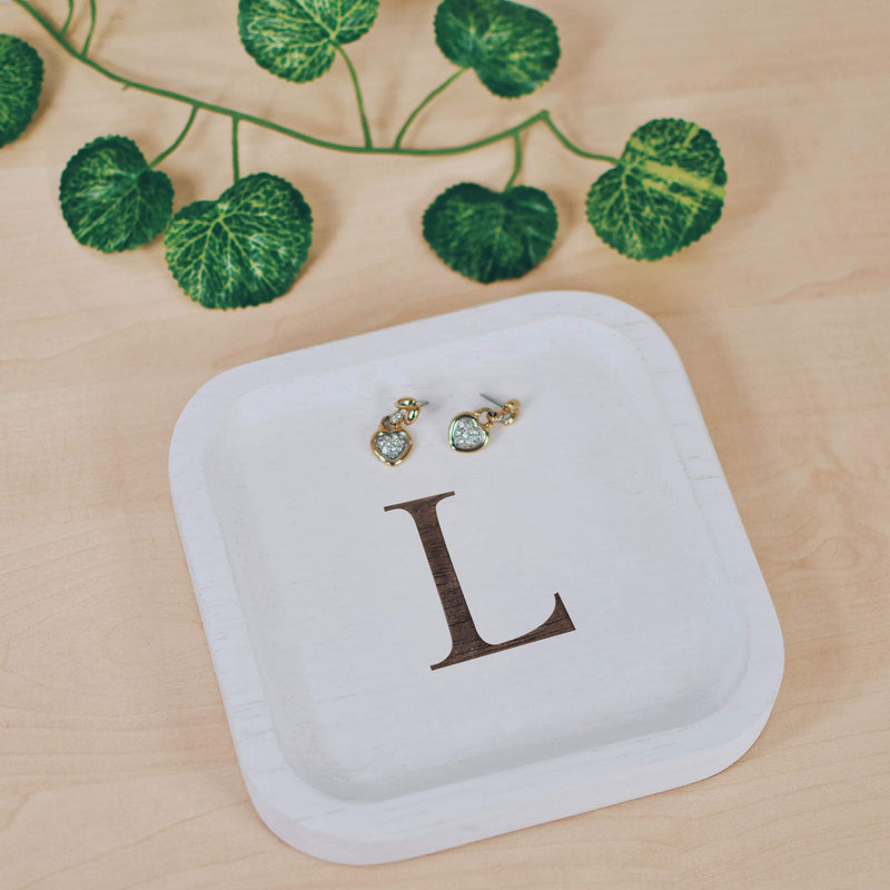 [Australia] - Solid Wood Personalized Initial Letter Jewelry Display Tray Decorative Trinket Dish Gifts For Rings Earrings Necklaces Bracelet Watch Holder (6"x6" Sq White "L") 6"x6" Sq White "L" 