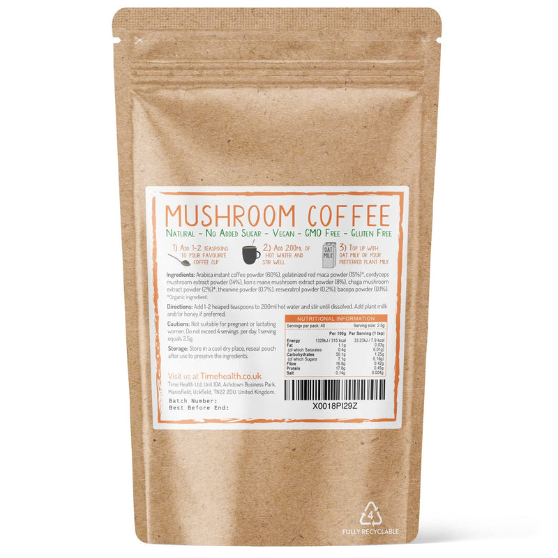 [Australia] - Mushroom Coffee Blend (Instant) - 100g - 40 Servings - Arabica Coffee, Lion's Mane, Cordyceps, Chaga & More - Natural Energy & Focus - UK Made - 5% Micro Ground Coffee 